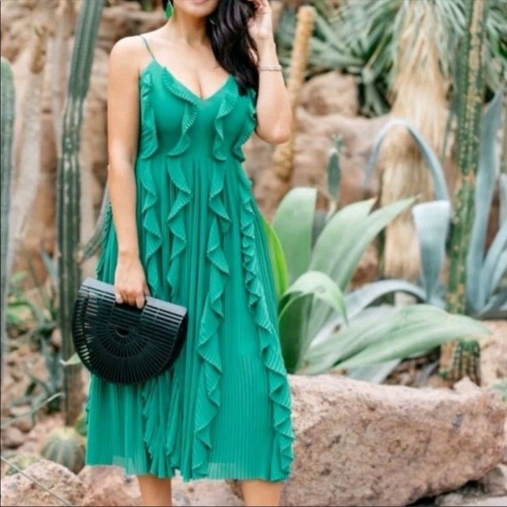 Midi Spaghetti Strap Kelly Green Ruffle Dress